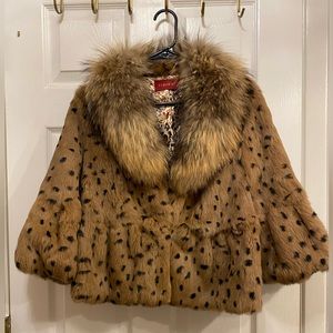 Unique dyed rabbit base fur coat with coyote collar